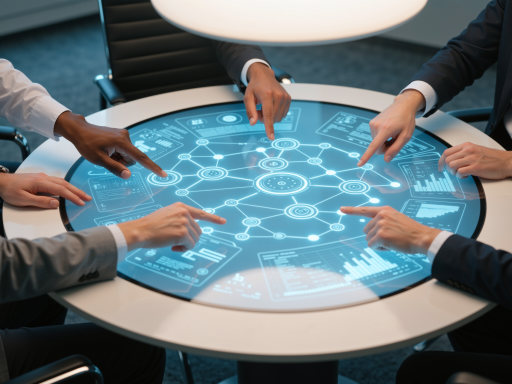 Team working on digital interface showing network connections, diverse group of people collaborating on technology projects