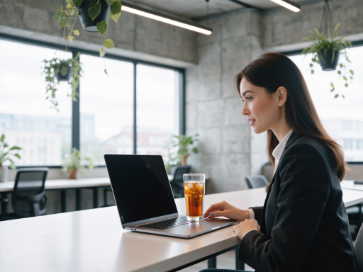 Young professional woman working on laptop computer, focused expression, modern office environment