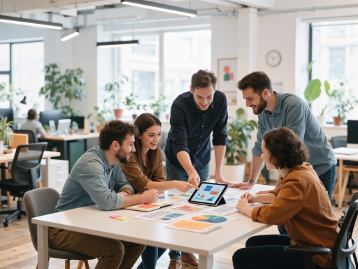 Middle-aged man in casual clothing discussing project with team, collaborative workspace setting