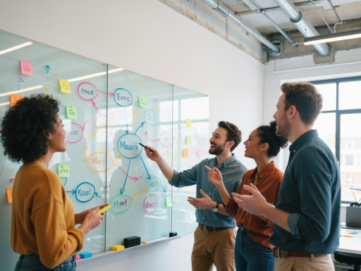 Diverse group of people in meeting room with whiteboard, brainstorming session in progress