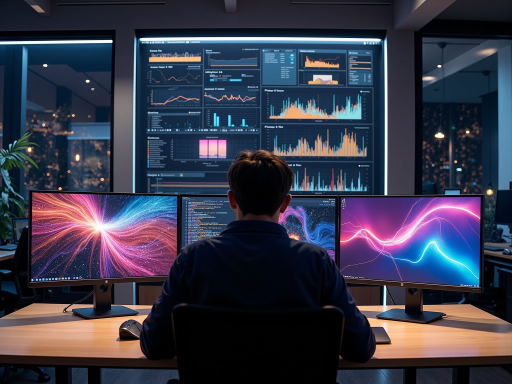 Person wearing glasses working on multiple monitors, tech-focused environment